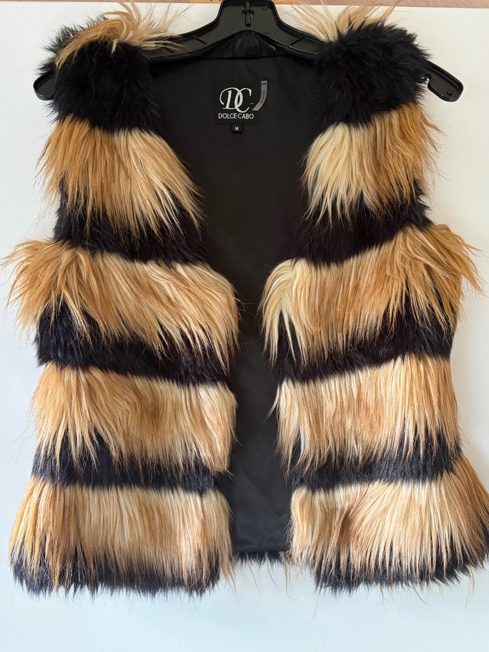 Dolce Cabo Black Brown Striped Faux Fur Tiered Vest Jacket M